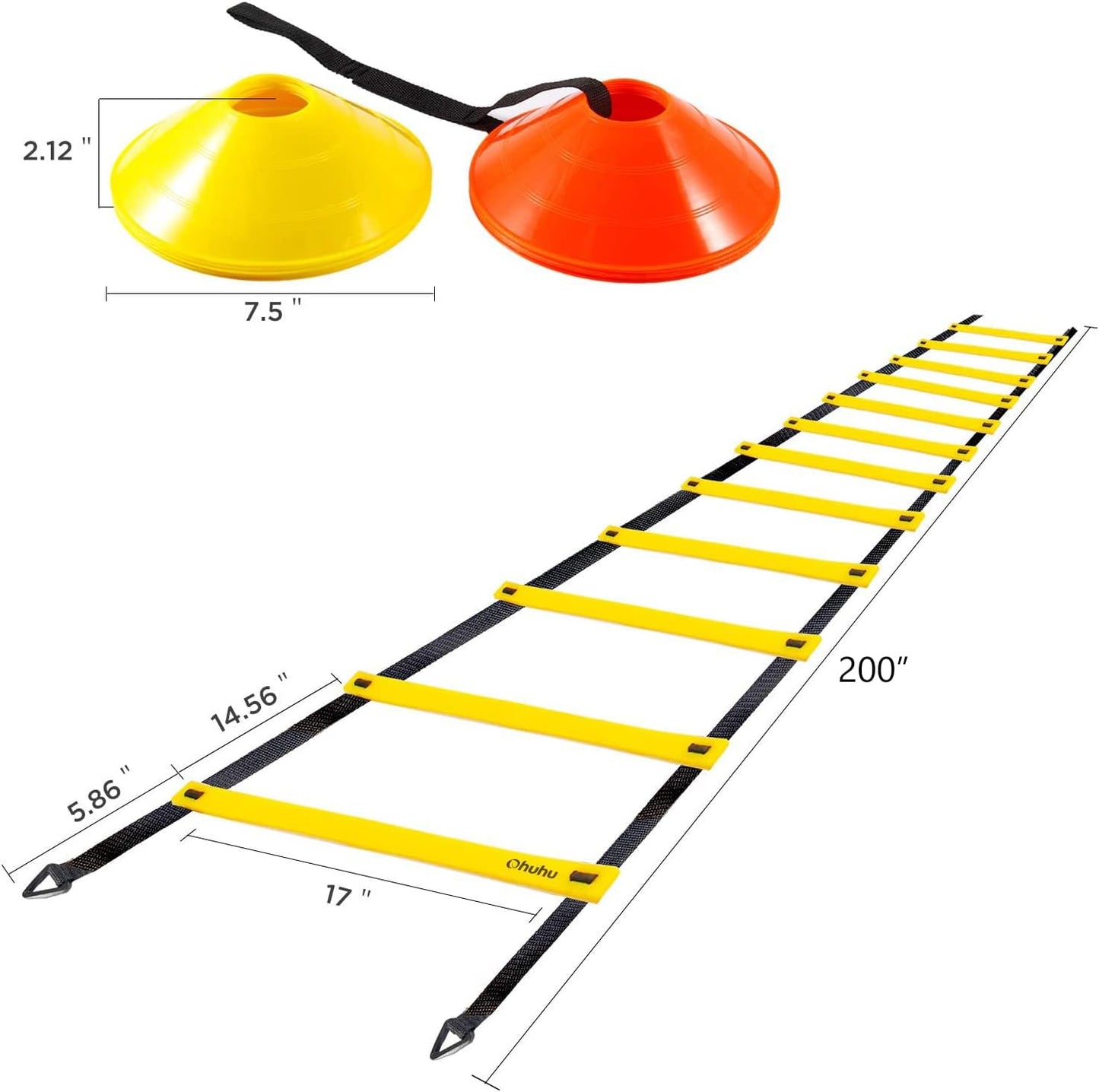 Agility Ladder Speed Training Set: 12 Rung 20Ft Soccer Training Equipment for Kids with 12 Cones, 4 Steel Stakes, Instruction Manual & Carrying Bag for Football Exercise Sports Footwork Training