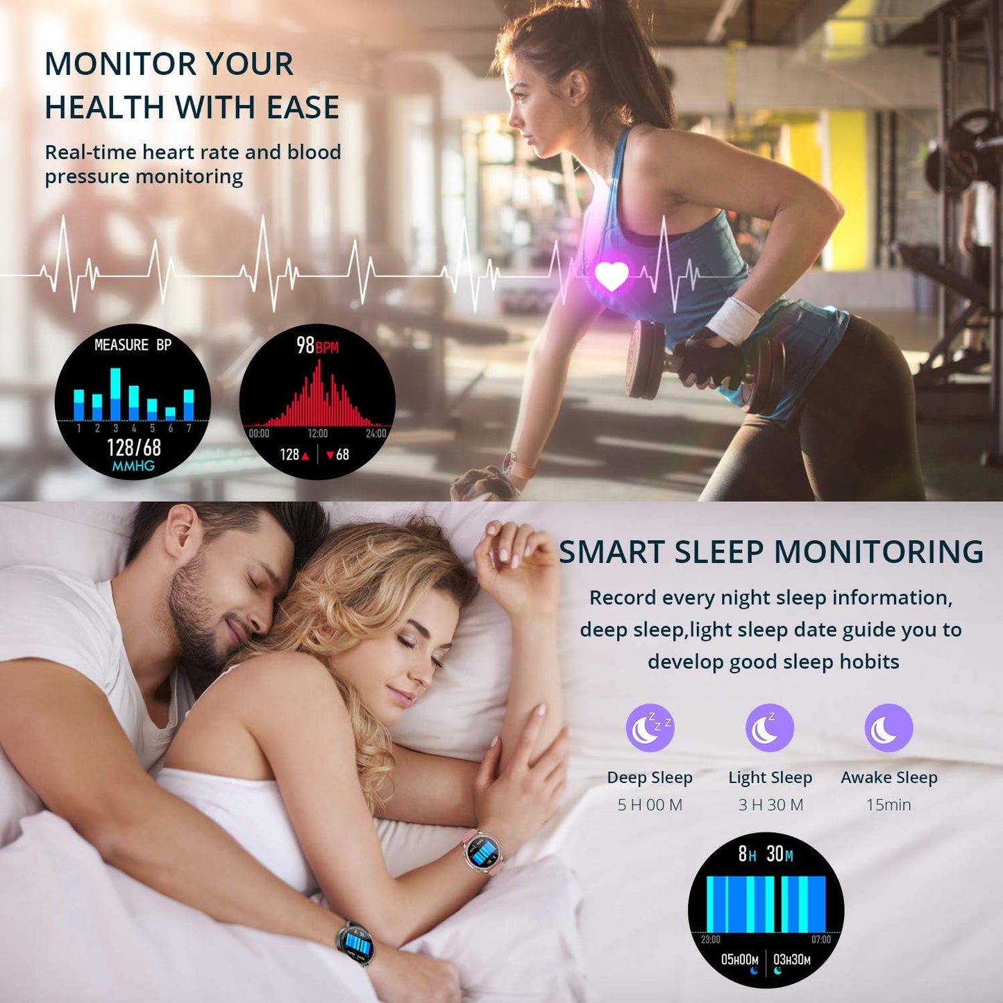 Smart Watch for Women Men,Waterproof Smartwatch with Heart Rate and Blood Pressure Monitor,Bluetooth Fitness Tracker Compatible with Iphone Andriod,Best Present for Couples (Gold)
