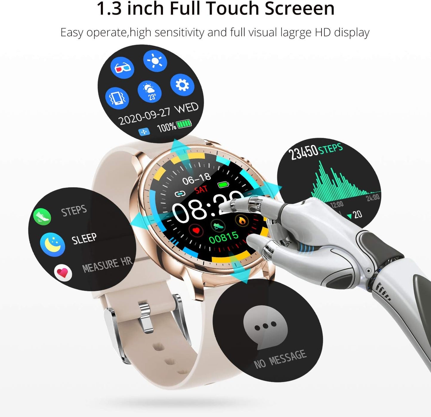 Smart Watch for Women Men,Waterproof Smartwatch with Heart Rate and Blood Pressure Monitor,Bluetooth Fitness Tracker Compatible with Iphone Andriod,Best Present for Couples (Gold)
