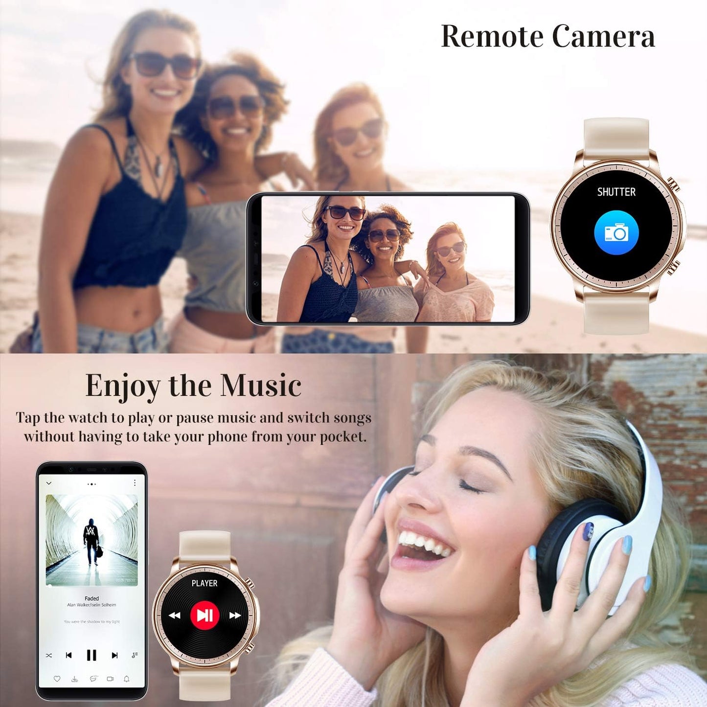 Smart Watch for Women Men,Waterproof Smartwatch with Heart Rate and Blood Pressure Monitor,Bluetooth Fitness Tracker Compatible with Iphone Andriod,Best Present for Couples (Gold)