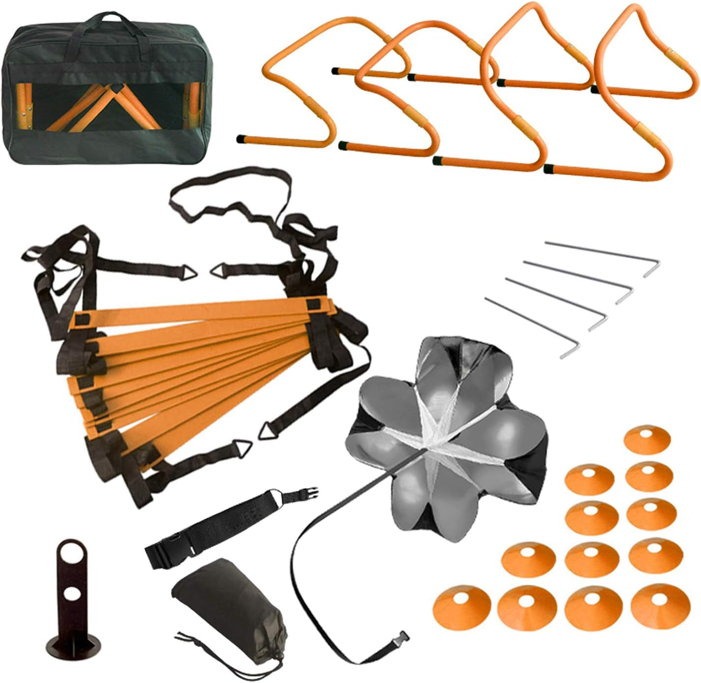 Speed&Agility Training Set – 20Ft Agility Ladder Set with 12 Rungs, 4 Adjustable Training Hurdle, 12 Disc Cones, 2 Resistance Bands, 1 Running Parachute and Footwork Drills Equipment