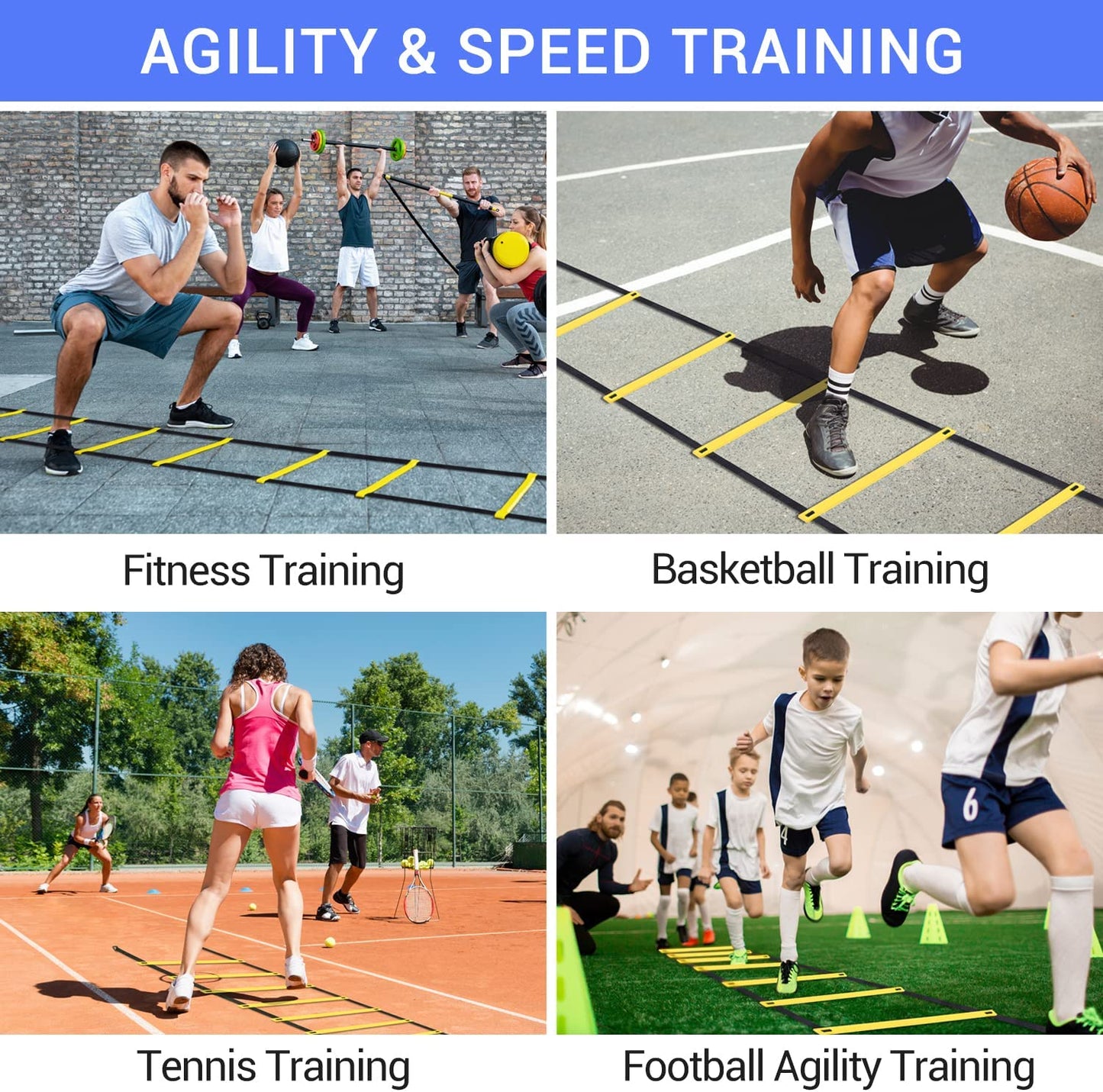 Agility Ladder Speed Training Set: 12 Rung 20Ft Soccer Training Equipment for Kids with 12 Cones, 4 Steel Stakes, Instruction Manual & Carrying Bag for Football Exercise Sports Footwork Training