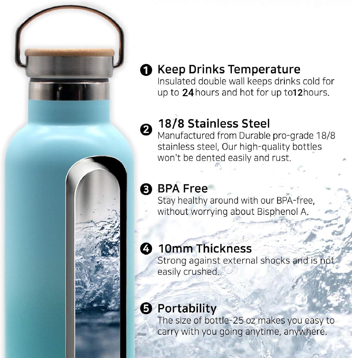 Stainless Steel Insulated Water Bottle 25 Oz with 3 Lids, Vacuum, Insulated Stainless Steel, Hot Water, Cold Water, Sports Water Bottle (Blue)
