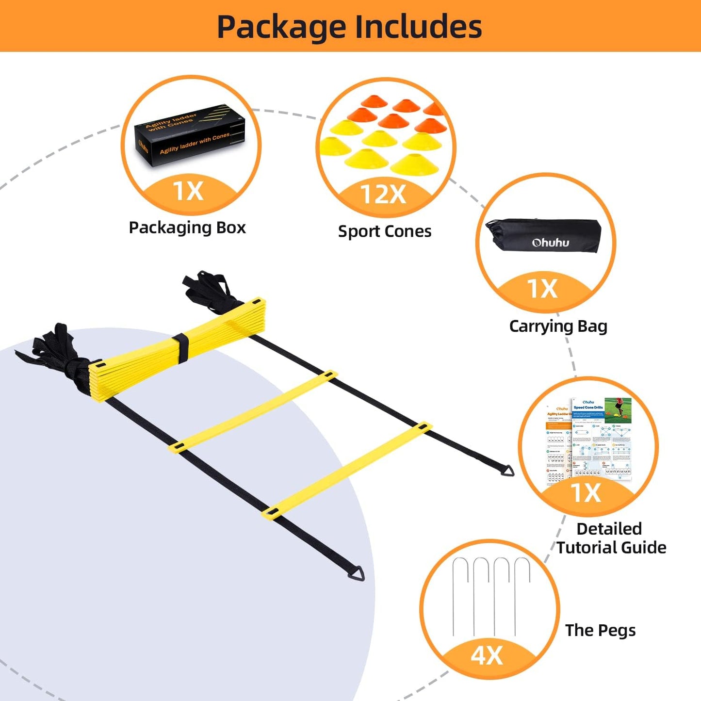 Agility Ladder Speed Training Set: 12 Rung 20Ft Soccer Training Equipment for Kids with 12 Cones, 4 Steel Stakes, Instruction Manual & Carrying Bag for Football Exercise Sports Footwork Training