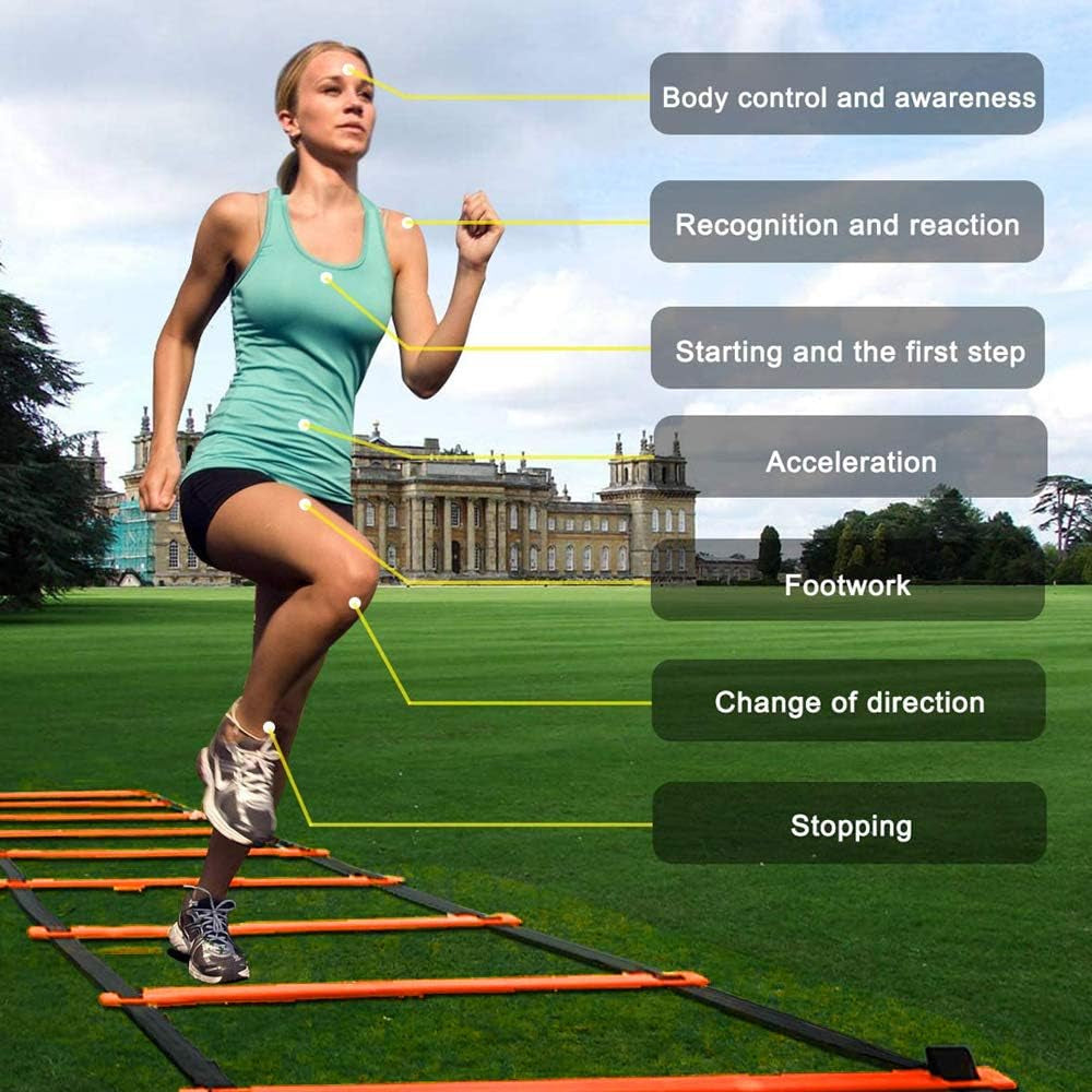 Speed&Agility Training Set – 20Ft Agility Ladder Set with 12 Rungs, 4 Adjustable Training Hurdle, 12 Disc Cones, 2 Resistance Bands, 1 Running Parachute and Footwork Drills Equipment