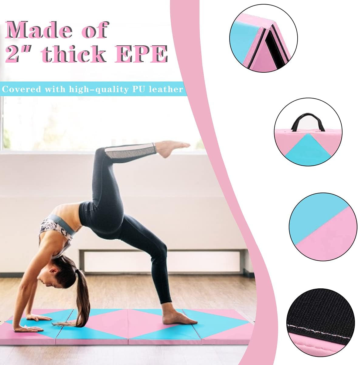 6/8/10' Foldable Gymnastics Gym with Carrying Handles, Exercise Aerobics Mat for Kids Adult,Tumbling Mat for Stretching Fitness Mat for Home Workout
