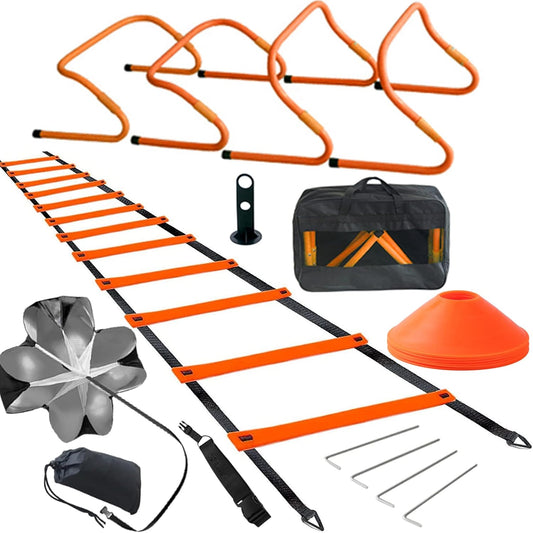 Speed&Agility Training Set – 20Ft Agility Ladder Set with 12 Rungs, 4 Adjustable Training Hurdle, 12 Disc Cones, 2 Resistance Bands, 1 Running Parachute and Footwork Drills Equipment