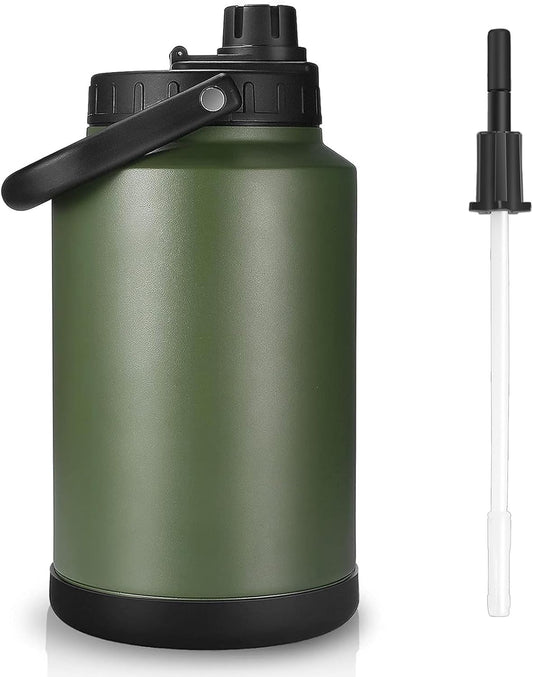 One Gallon Insulated Water Jug Wtih Straw,128 Oz Large Sports Water Bottle Stainless Steel Thermos Hot & Cold Drinks for Travel, Hiking, Camping 1 Gallon Jug (Amry Green)