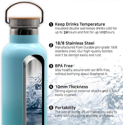 Stainless Steel Insulated Water Bottle 25 Oz with 3 Lids, Vacuum, Insulated Stainless Steel, Hot Water, Cold Water, Sports Water Bottle (Blue)