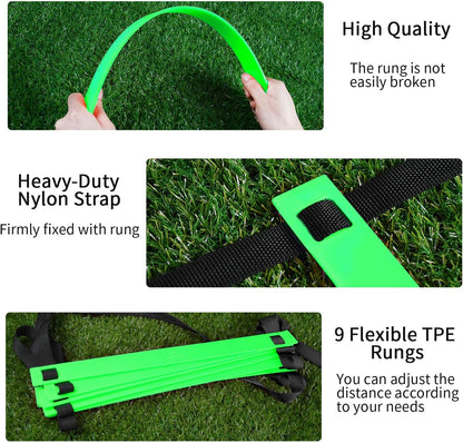 Speed Agility Training Set - Adjustable Rung Speed Ladder with 12 Disc Cones for Football, Workout, Footwork Training - Includes Resistance Parachute, 4 Metal Stakes(Green)