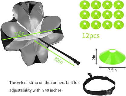 Speed Agility Training Set - Adjustable Rung Speed Ladder with 12 Disc Cones for Football, Workout, Footwork Training - Includes Resistance Parachute, 4 Metal Stakes(Green)